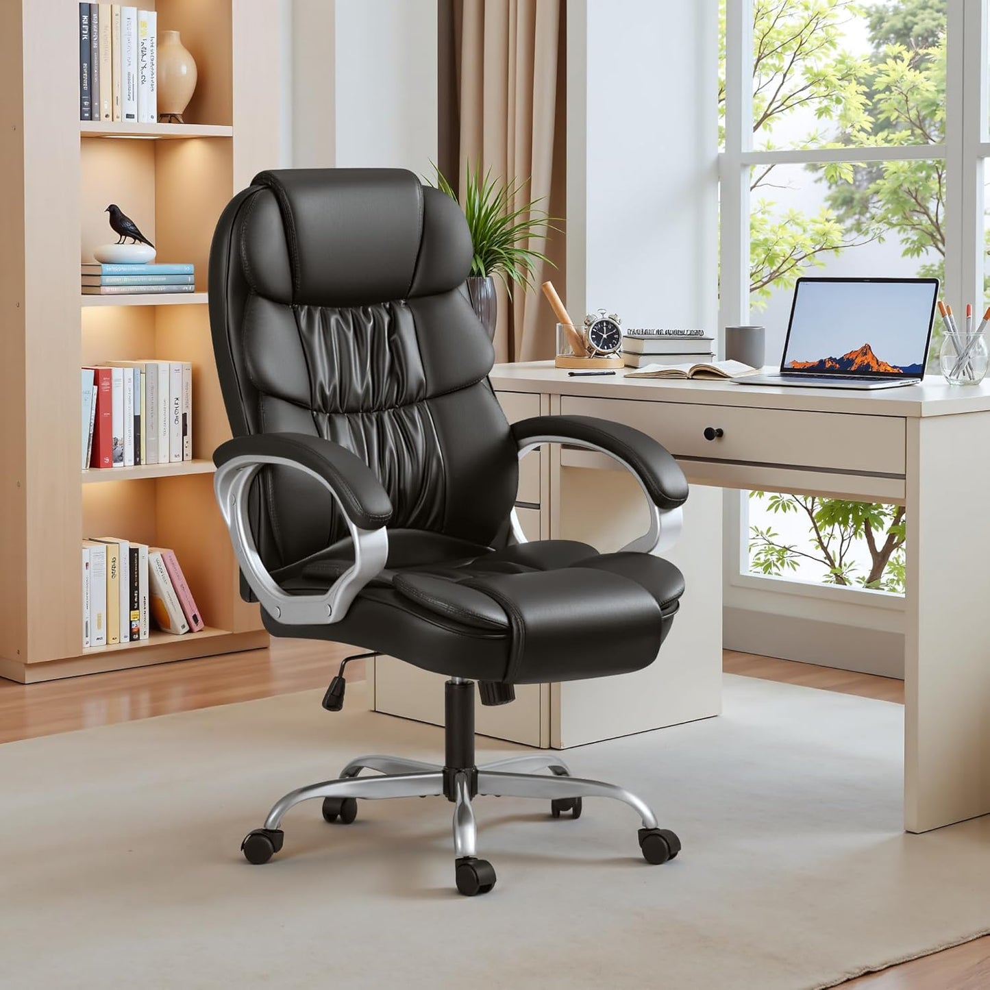 Office Chair High Back Computer Desk Chair, PU Leather Adjustable Height Modern Executive Swivel Task Chair with Padded Armrests and Lumbar Support (Black)