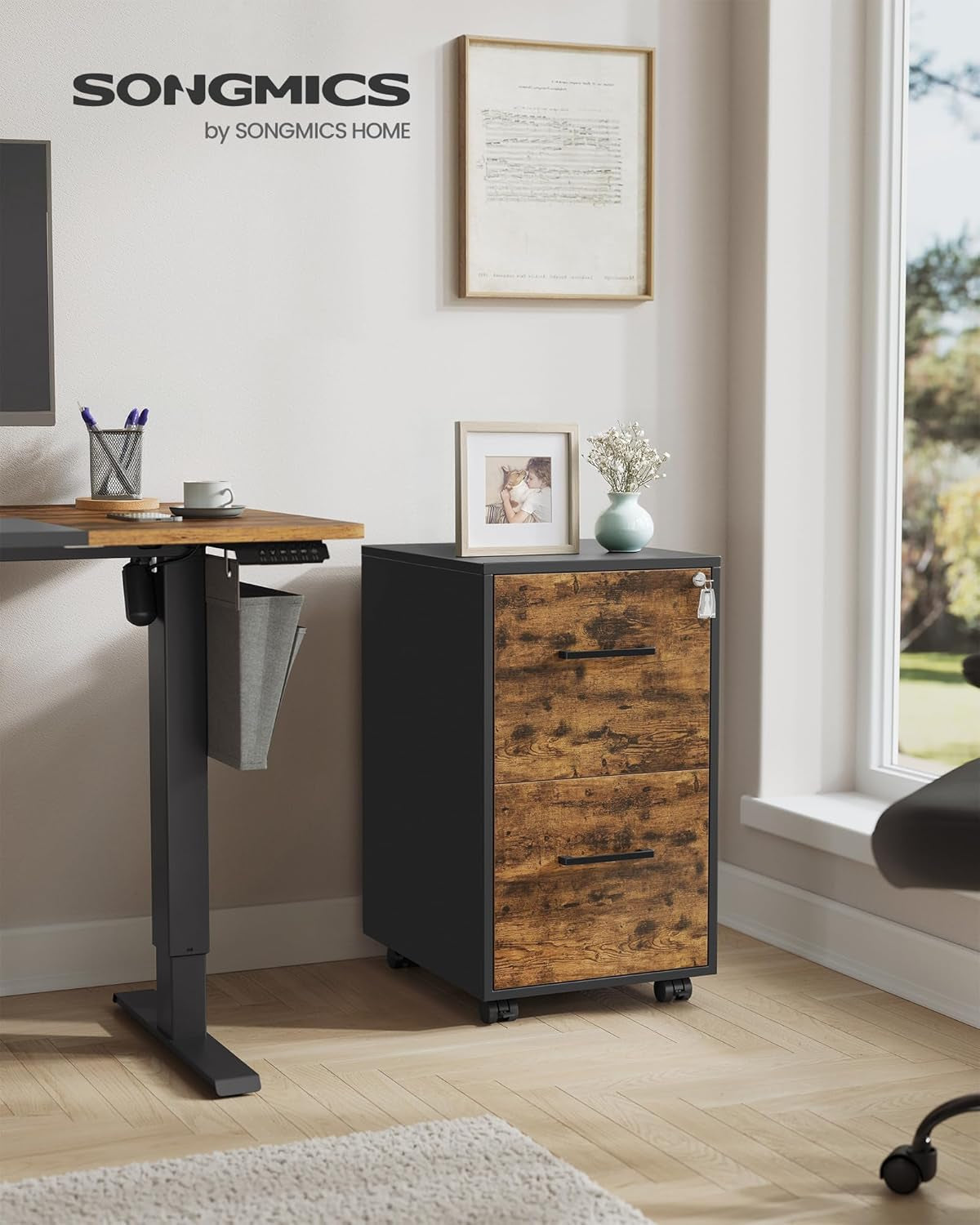 File Cabinet, Pre-Assembled except Wheels and Handles, Office Filing Cabinet with Lock, for A4, Legal, Letter Sized Documents, 17.7 X 14.4 X 25.4 Inches, Rustic Brown and Black UOFC112B02