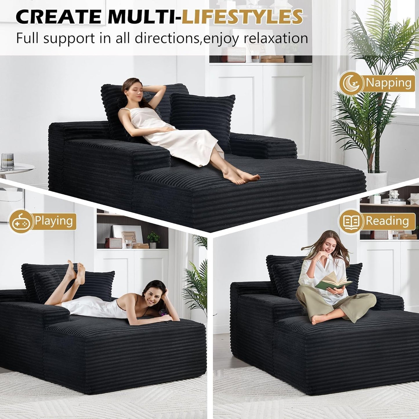 67" Oversized Chise Lounge Chir Indoor, Corduroy Cloud Couch with 3 Pillows, Deep Set Sleeper Sof, No ssembly Required, Comfy Reding Chir for Living Room/Bedroom (Blck)