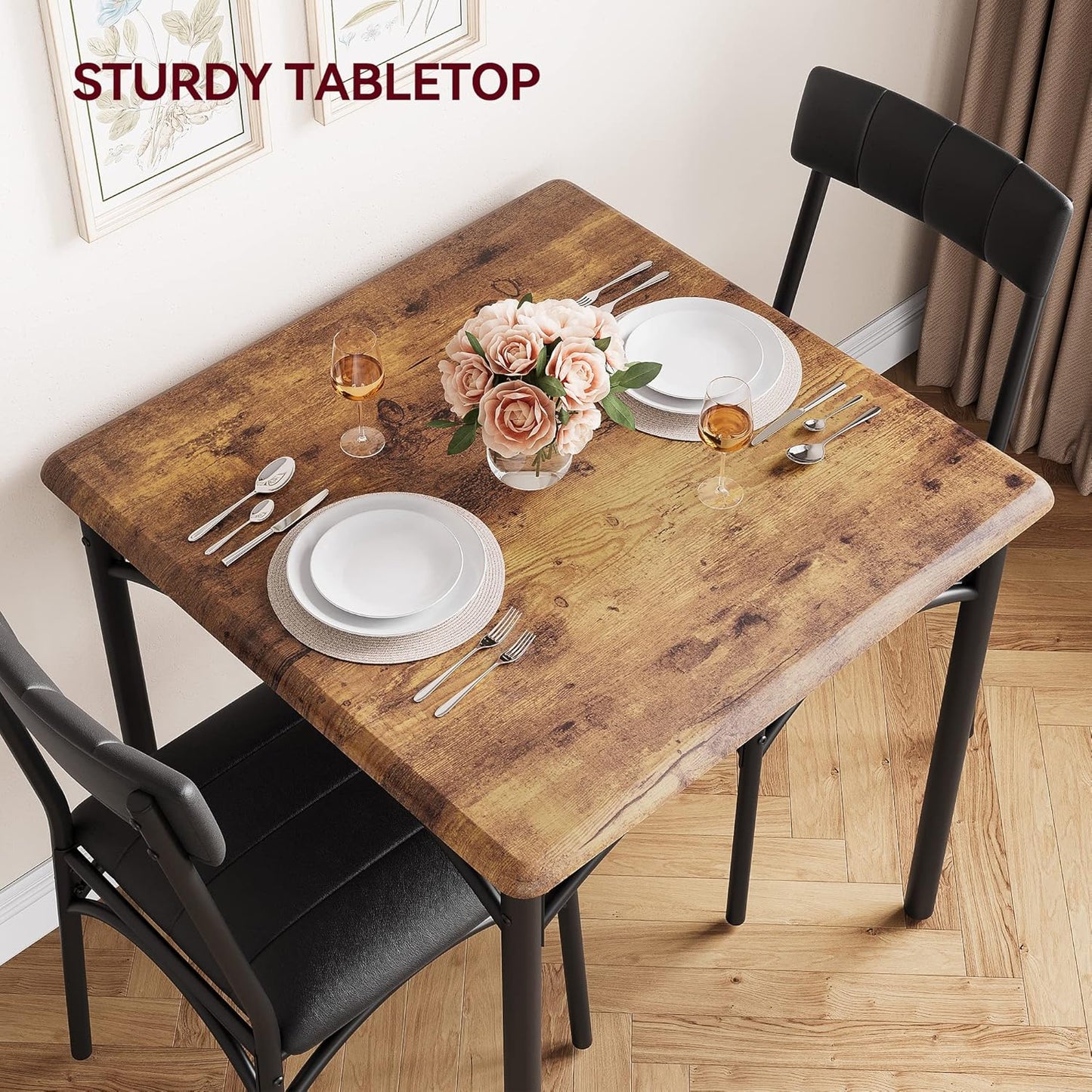 Dining Table Set for 2, Kitchen Table and Chairs for 2 with Upholstered Chairs, 3 Piece Dining Room Table Set, Square Kitchen Table Set for Small Space, Apartment, Studio, Rustic Brown