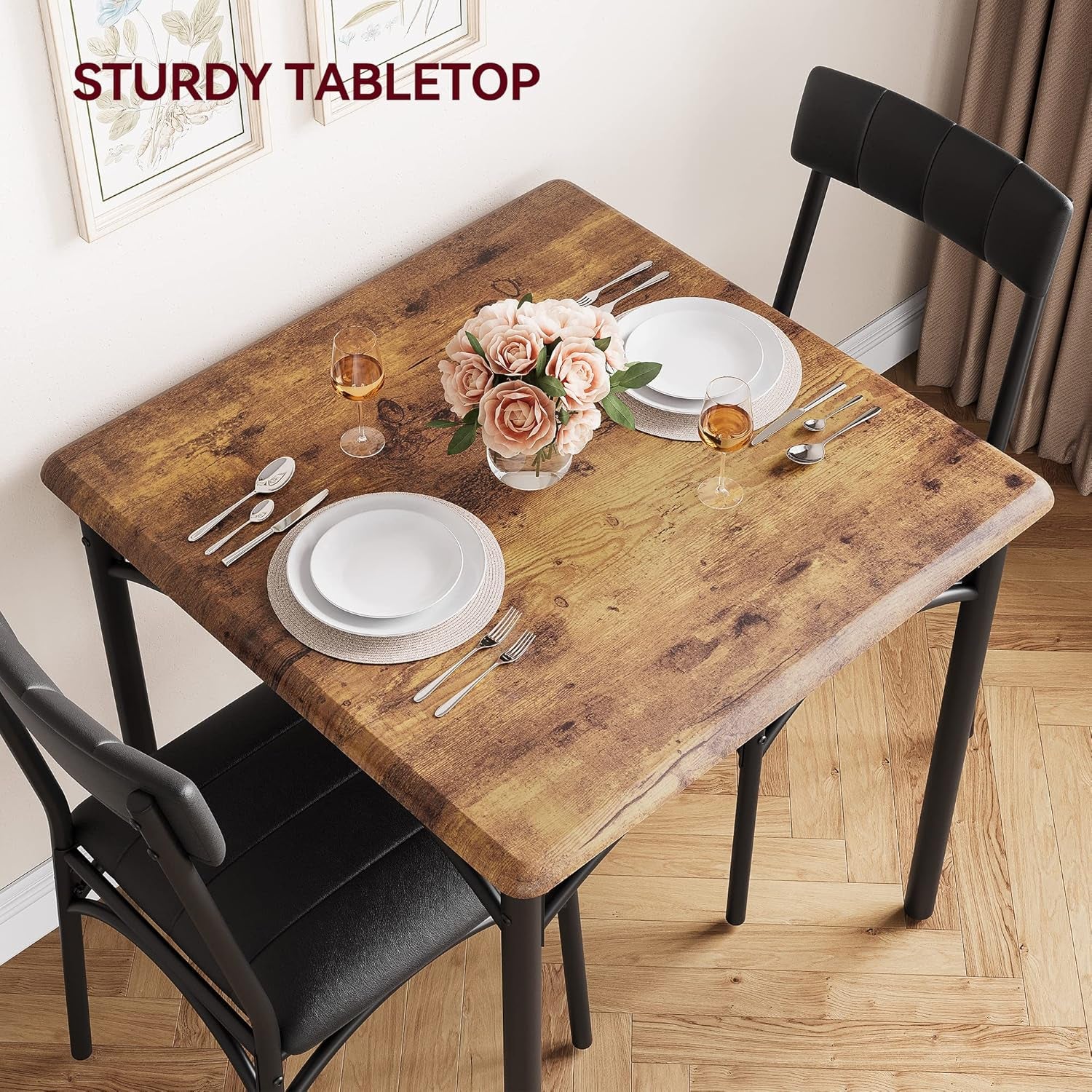 Dining Table Set for 2, Kitchen Table and Chairs for 2 with Upholstered Chairs, 3 Piece Dining Room Table Set, Square Kitchen Table Set for Small Space, Apartment, Studio, Rustic Brown