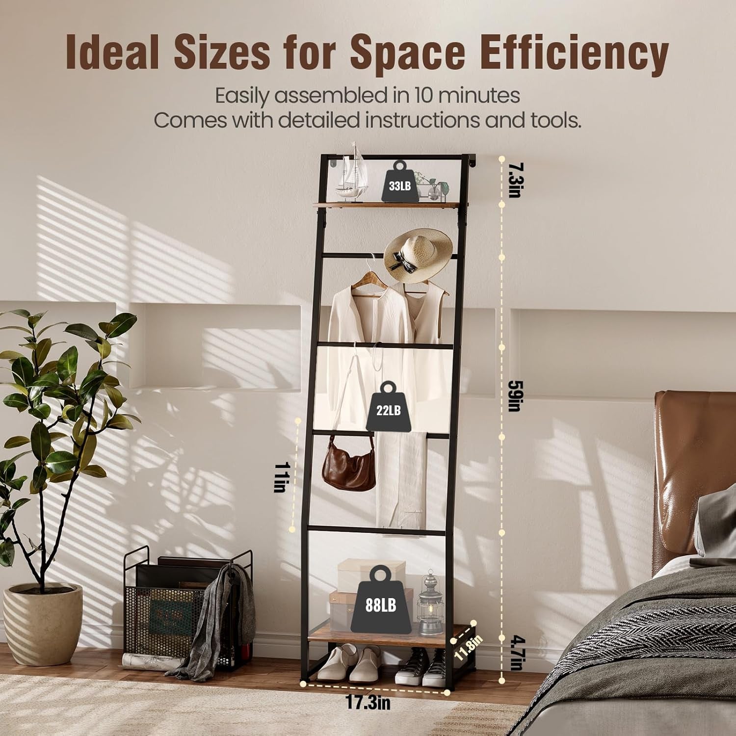 Blanket Ladder with Shelf, 6 Layer Wall-Leaning Blanket Rack, Farmhouse Blanket Shelf for Storage and Home Decor, Freestanding Rack for Bathroom, Rustic Brown and Black