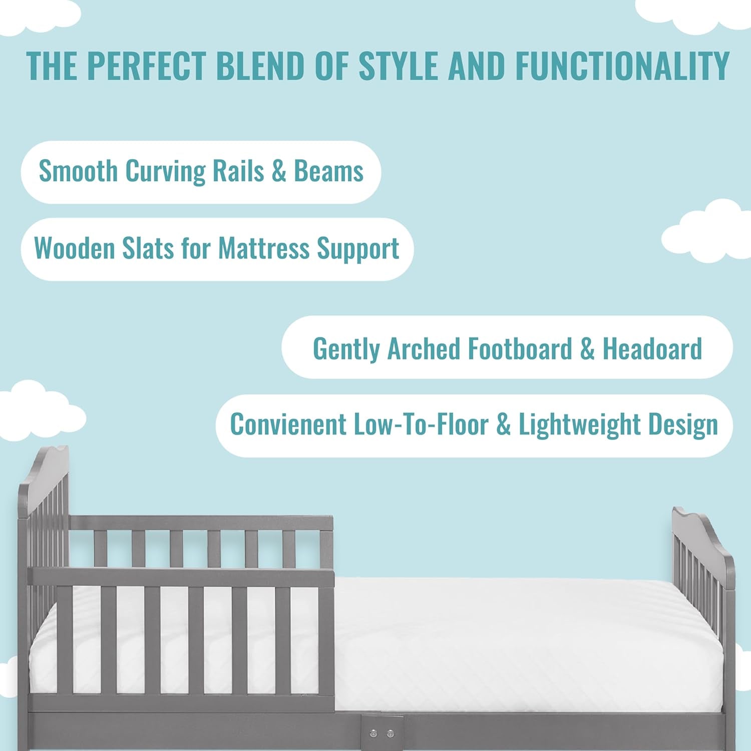 Classic Design Toddler Bed in Steel Grey, Greenguard Gold and BSA Certified, Low to Floor Design, Two Side Safety Rails, Non-Toxic Finishes, Wooden Nursery Furniture
