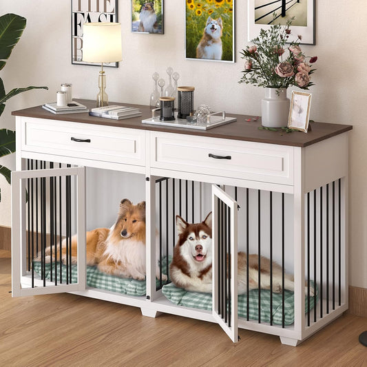 Dog Crate Furniture, 72.4 Inch Wooden Indoor Dog Kennel Cage House, Modern Decorative End Table with Double Rooms, 2 Drawers, a Divider, for Large Medium Breeds, White