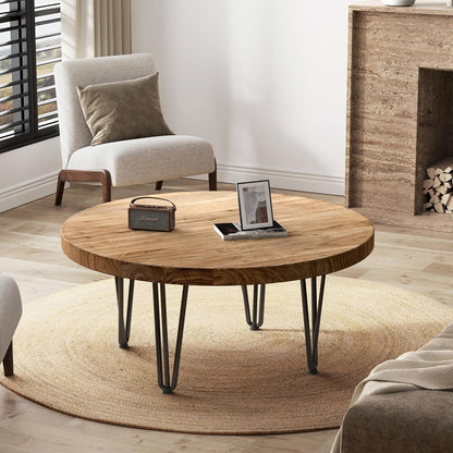 Rustic Wood round Coffee Table with Metal Legs, Solid Elm Wood Top and Non-Slip Feet Pads - Farmhouse Style for Living Room, Natural