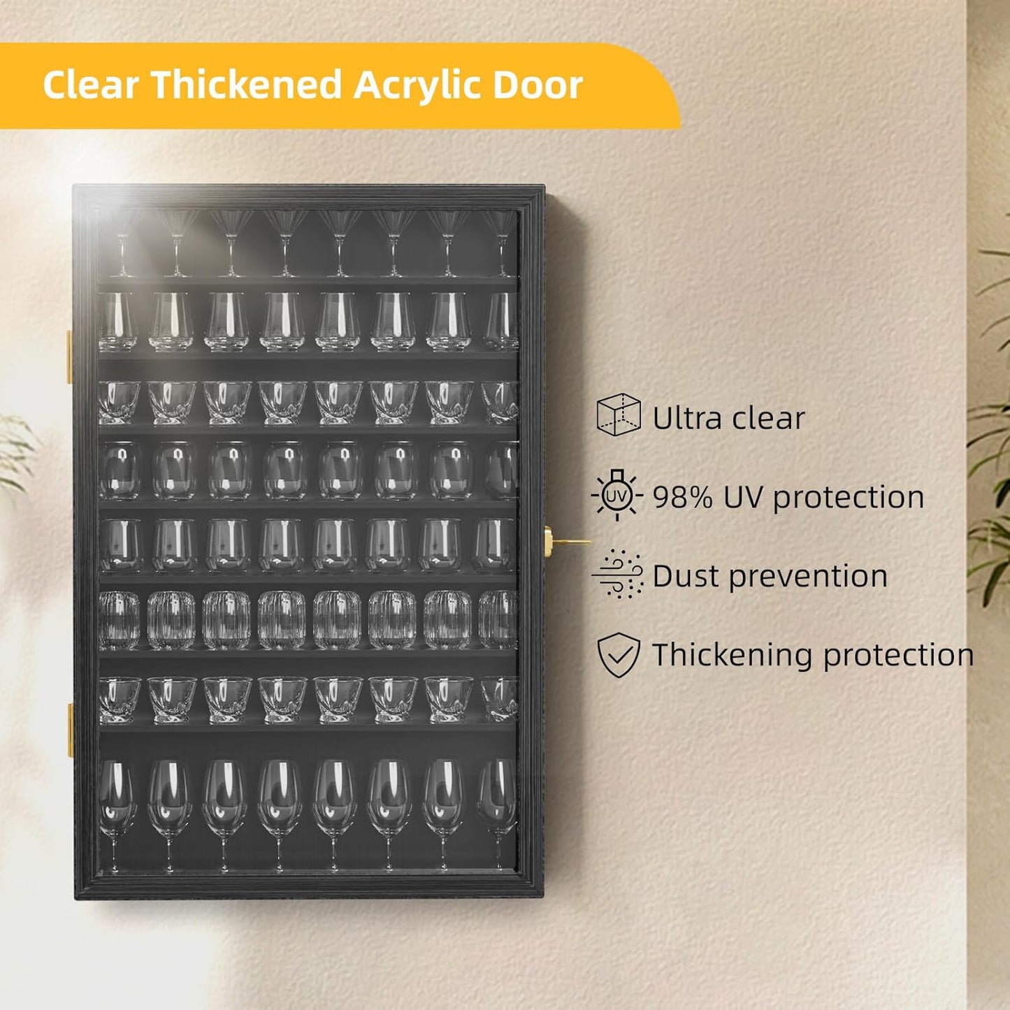 Shot Glass Display Case 72 Large Capacity Wooden Shot Glass Holder Wall Mounted Shadow Box Bar Cabinet with Acrylic Lockable Door and Removeable Shlves, 26.85"X17.5" X 3.35", Black