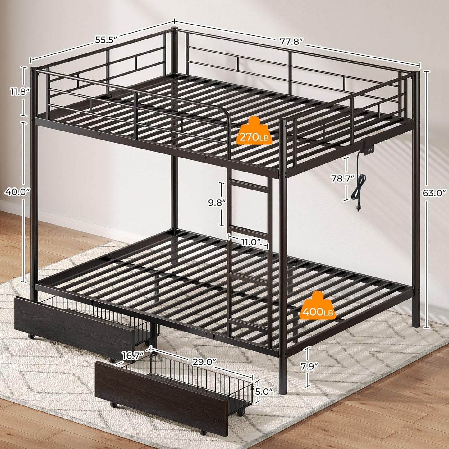Metal Bunk Bed Full over Full with USB Charging Station, LED Bunk Bed with 2 Storage Drawers, Bed with Safety Guardrail & Ladders, No Box Spring Needed, Easy Assembly, Black