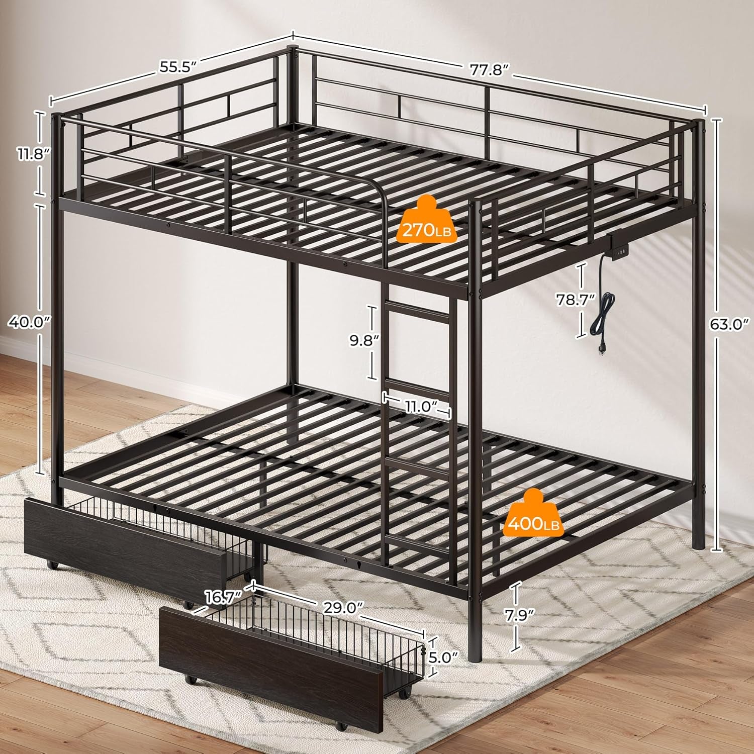 Metal Bunk Bed Full over Full with USB Charging Station, LED Bunk Bed with 2 Storage Drawers, Bed with Safety Guardrail & Ladders, No Box Spring Needed, Easy Assembly, Black
