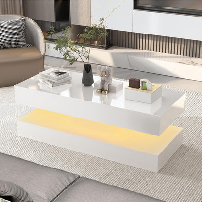 47.3In Large High Glossy LED Coffee Table with 2 Storage Drawers,Black/White Modern Coffee Tables for Living Room,Living Room Tables,App LED Lights (White)
