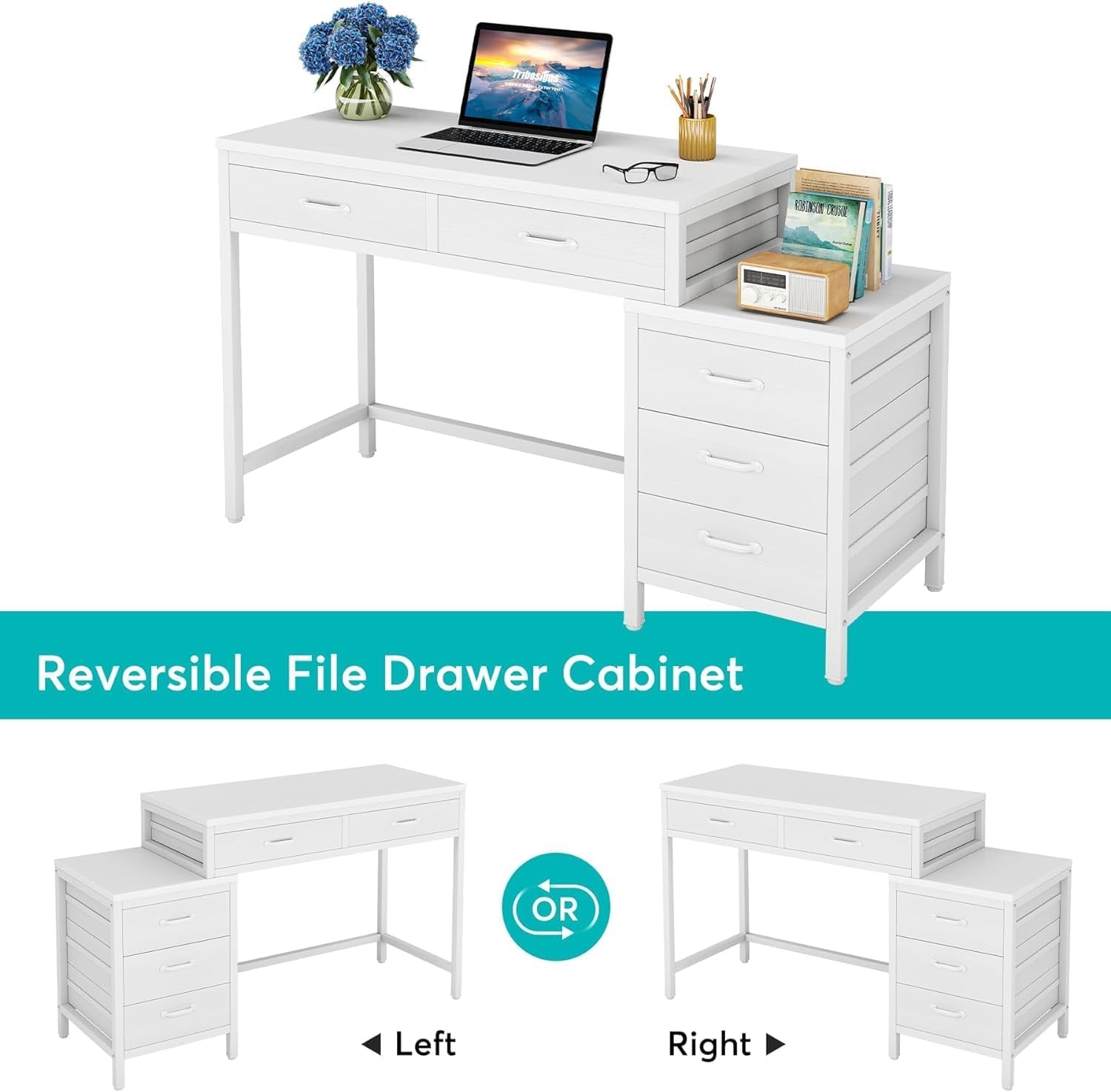 Computer Desk with 5 Drawers, Home Office Desks with Reversible Drawer Cabinet Printer Stand, Industrial PC Desk with Storage, White Study Writing Table Workstation for Small Spaces