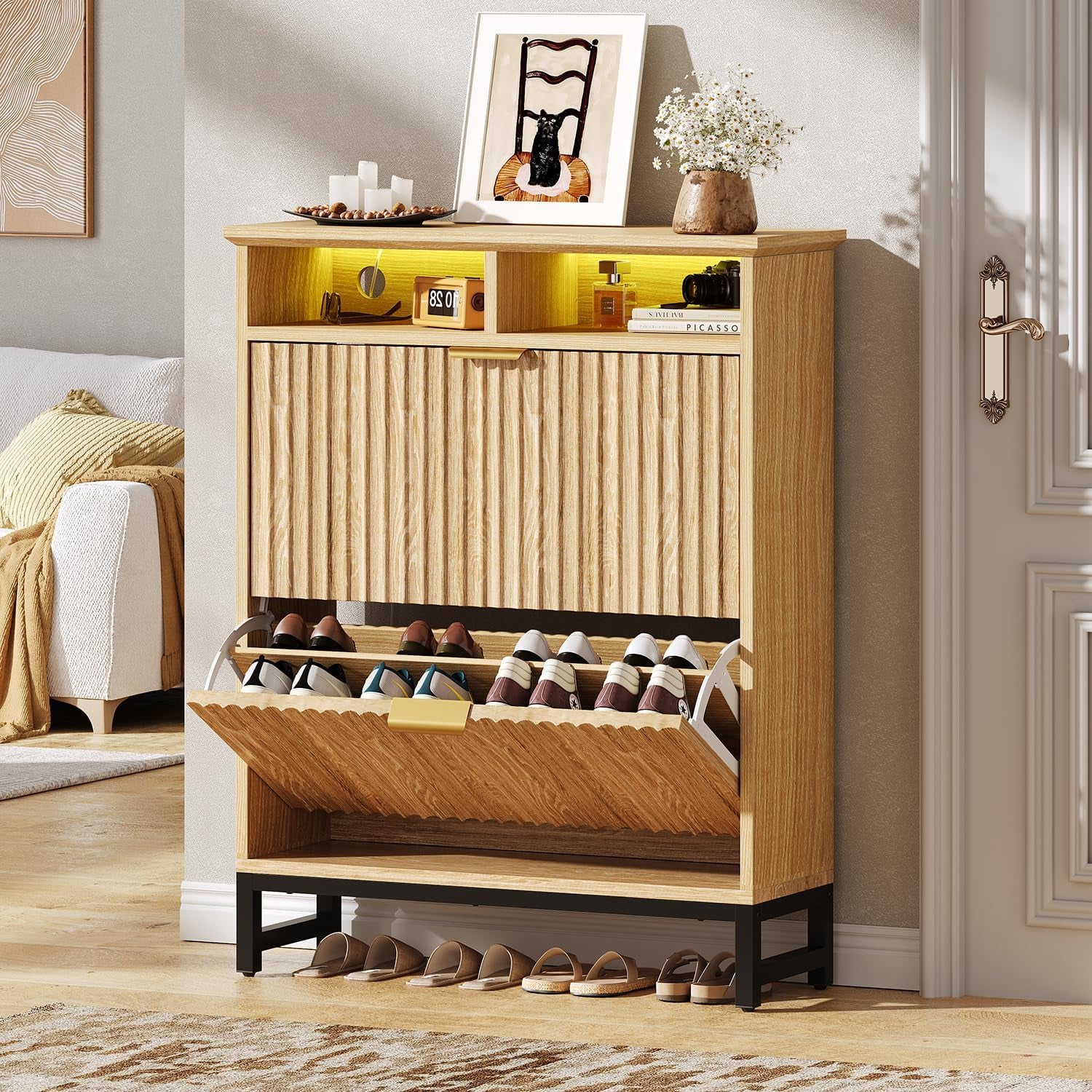 Fluted Shoe Storage Cabinet with 2 Flip Drawers, 31.5" Narrow Shoe Organizer Cabinet with LED Light, Slim Freestanding Shoe Rack Cabinet, Wooden Hidden Shoe Cabinet for Entryway, Hallway(Natural Oak)