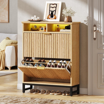 Fluted Shoe Storage Cabinet with 2 Flip Drawers, 31.5" Narrow Shoe Organizer Cabinet with LED Light, Slim Freestanding Shoe Rack Cabinet, Wooden Hidden Shoe Cabinet for Entryway, Hallway(Natural Oak)
