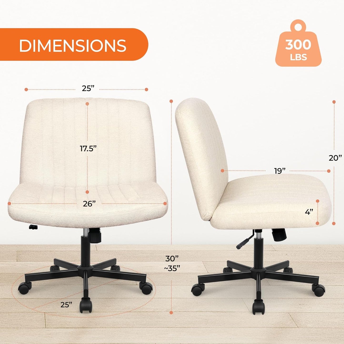 Criss Cross Chair Wheels Wide Cross Legged Office Desk Vanity Chair Comfy Fabric Armless Adjustable Swivel for Home Computer Task (Beige)