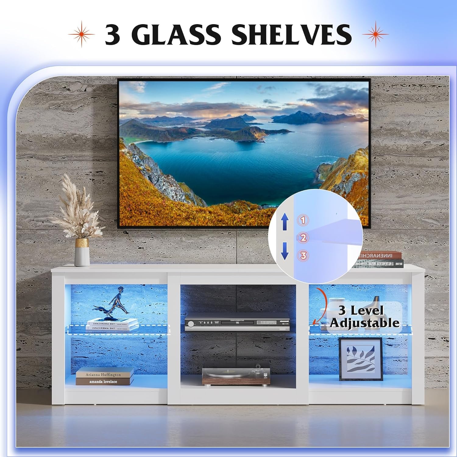 LED TV Stand for 65-Inch TV, 58-Inch Entertainment Center with Adjustable Glass Shelves, Modern Media Console for Living Room & Bedroom, White