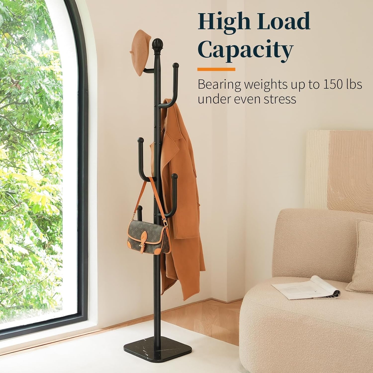 Coat Rack Freestanding with Natural Marble Base - Cactus Coat Tree with 6 L-Shaped Hooks, Heavy Duty Coat Hanger Stand, Metal Coat Rack Stand for Entryway, Hall Tree for Jacket/Hat/Clothes/Bag
