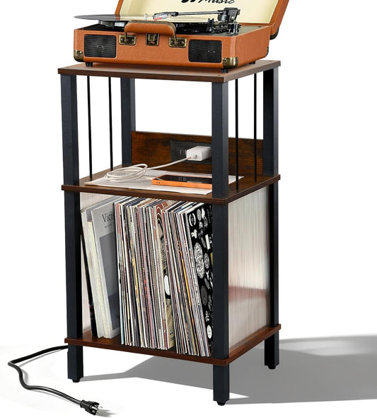 Retro Record Player Stand with 100-Album Storage - Adjustable Height Turntable Stand, Compact Wooden Vinyl Shelf for Small Apartment/Living Room, Vintage Brown Mid-Century Style