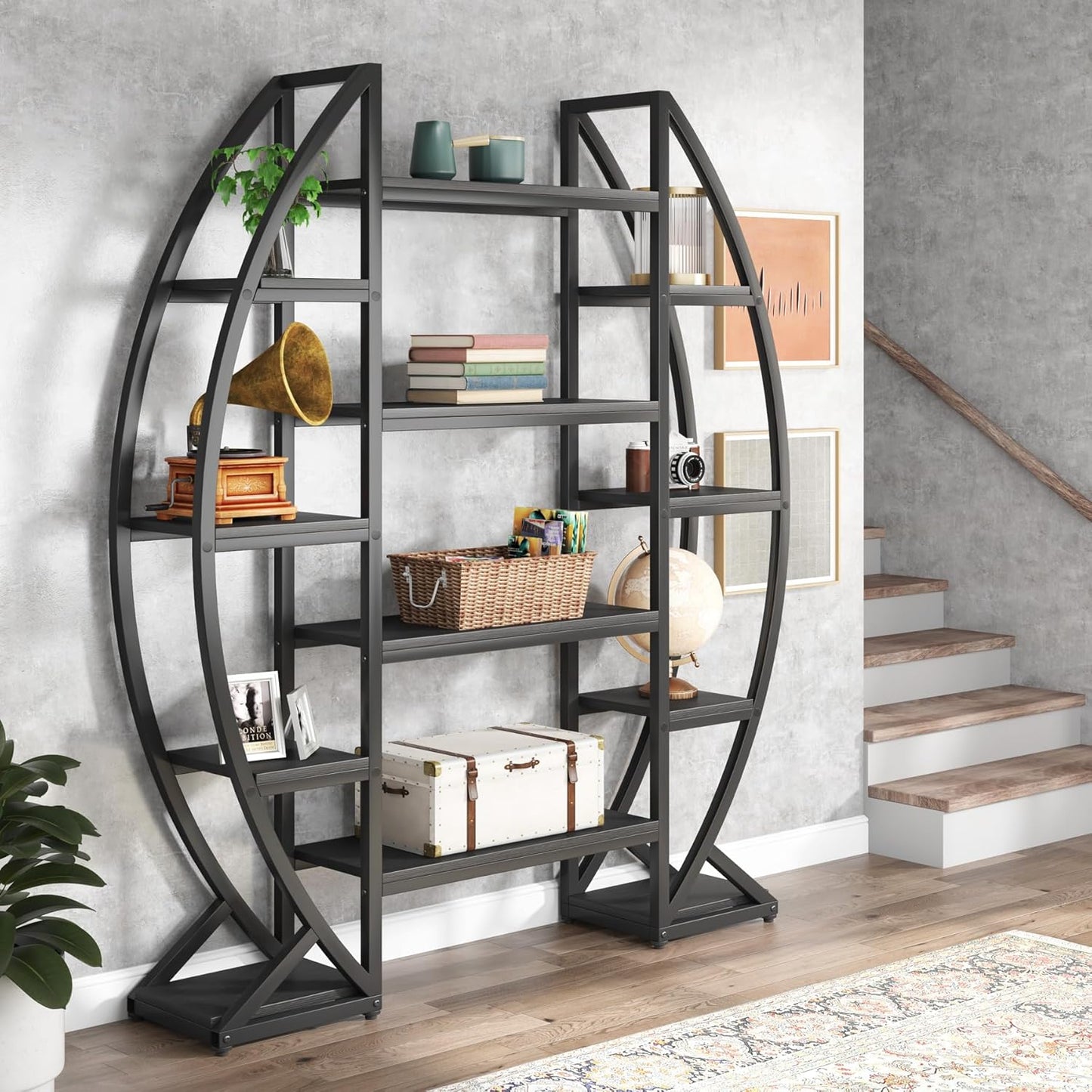Tribesigns Oval Bookshelf, Triple Wide 5 Tiers Etagere Bookcases, Industrial Display Shelves for Living Room (55", Black)