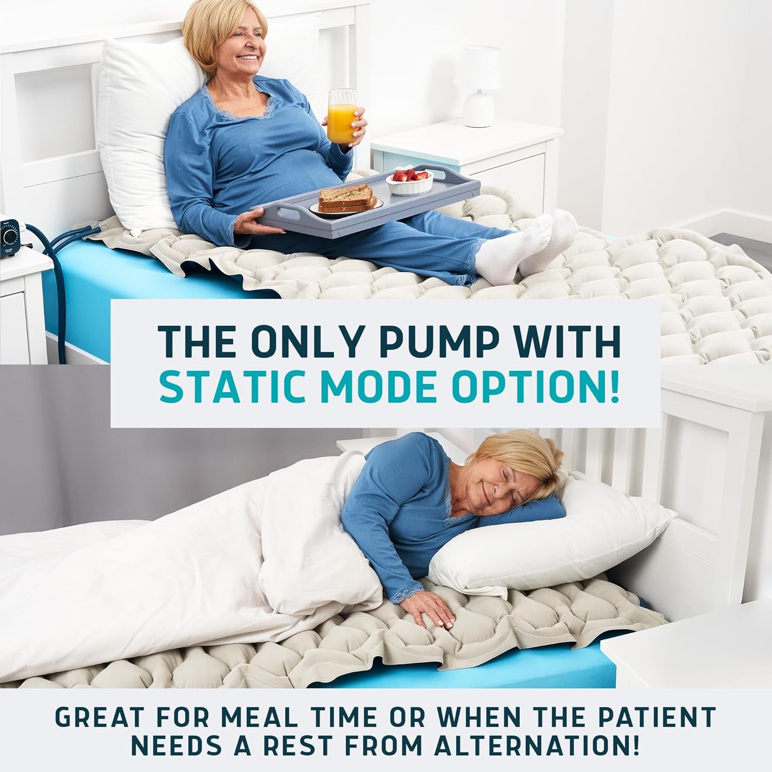 Alternating Air Pressure Mattress Pad with Static Mode & Flocking Add-On - Comfortable Bed Sore Prevention - Includes Mattress Topper for Hospital Bed or Home & Quiet Pump - Doctor Recommended