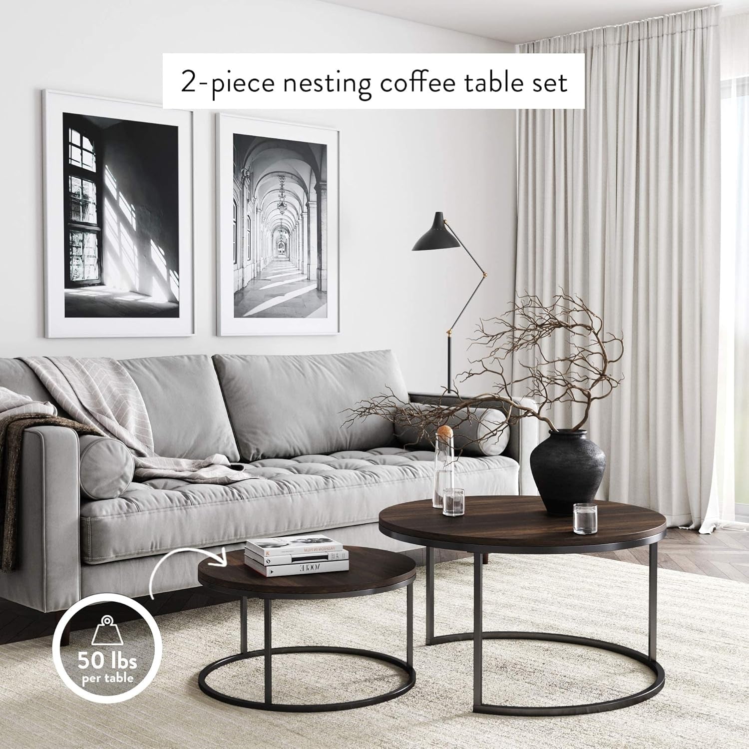 Stella round Modern Nesting Coffee Set of 2, Stacking Living Room Accent Tables with an Industrial Wood Finish and Powder Coated Metal Frame, Warm Nutmeg/Matte Black
