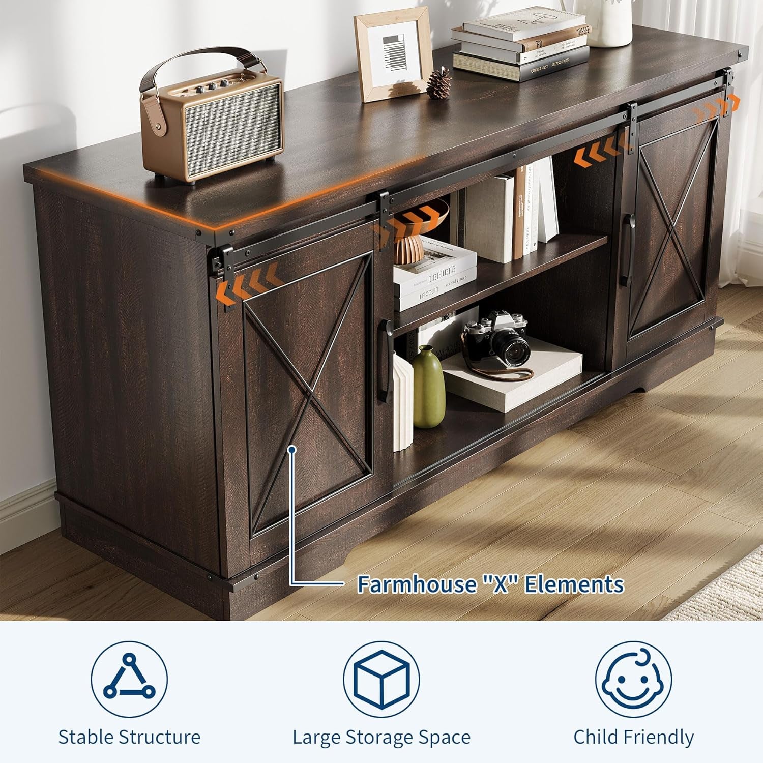 Farmhouse TV Stand and Entertainment Center for Tv up to 65 Inches with Sliding Barn Doors and Adjustable Shelf, Tv Media Console Table with Storage Cabinet for Living Room, Brown