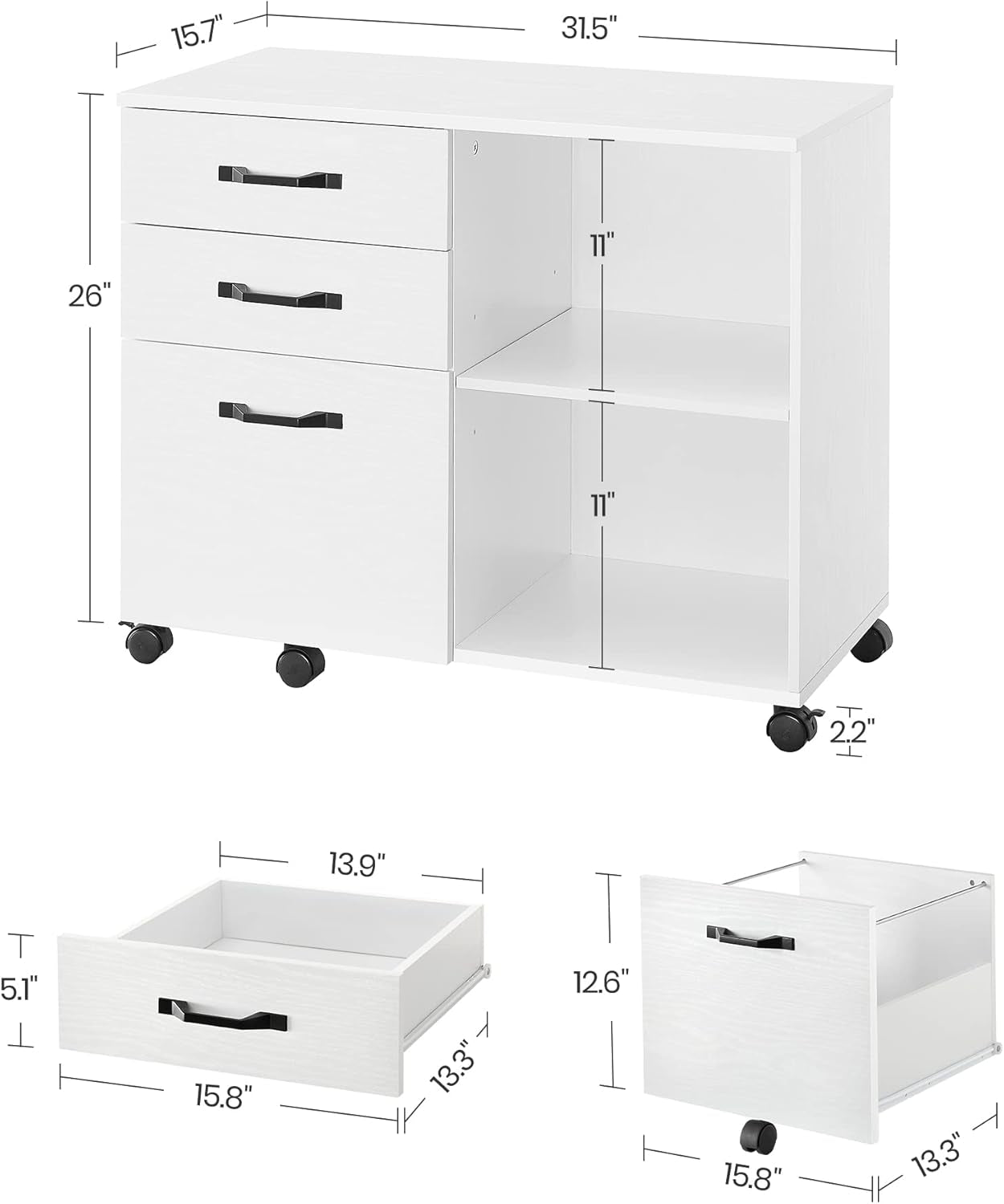 Lateral File Cabinet, Home Office Printer Stand, 3-Drawer Mobile Filing Cabinet with Open Storage Shelves, for A4, Letter-Size Files, White with Wood Grain UOFC041W46