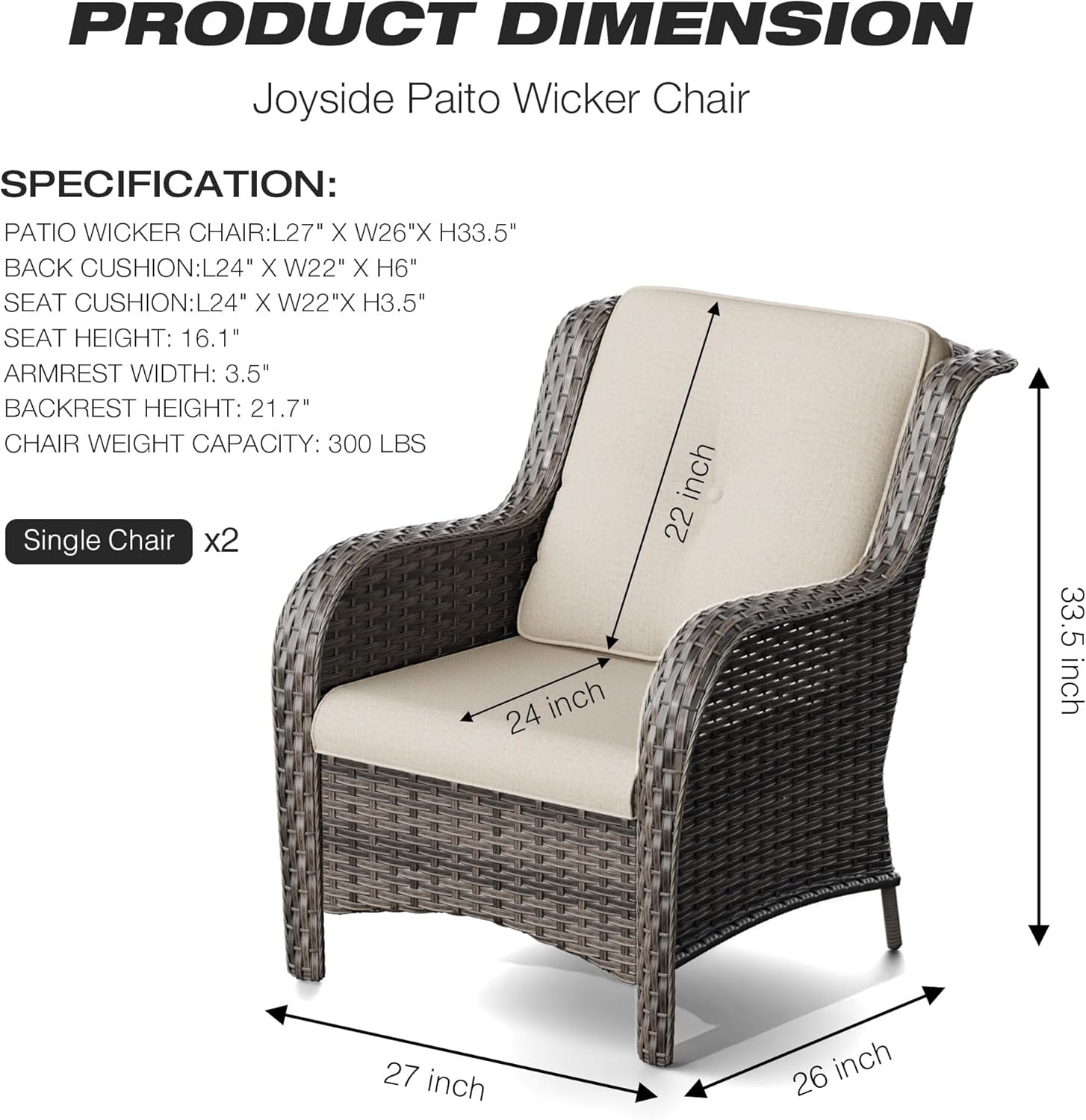 Outdoor Wicker Chair Rattan Patio Dining Chairs Set of 2 PE Wicker Patio Chairs with 4Inch Seat Cushions Outdoor Patio Seating Chair for Garden(Mixed Grey/Beige)