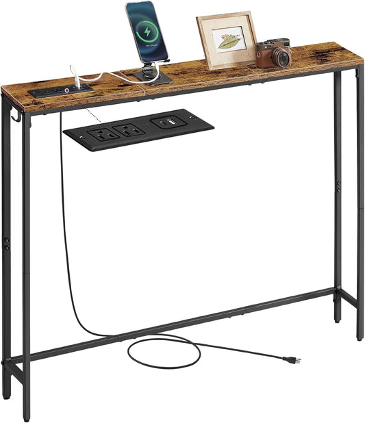 Console Table with Power Outlet, Slim behind Couch Sofa Table, 5.9 X 39.4 X 31.5 Inches, 1 Hook, Easy Assembly, for Entryway, Living Room, Rustic Brown and Ink Black ULNT079K01