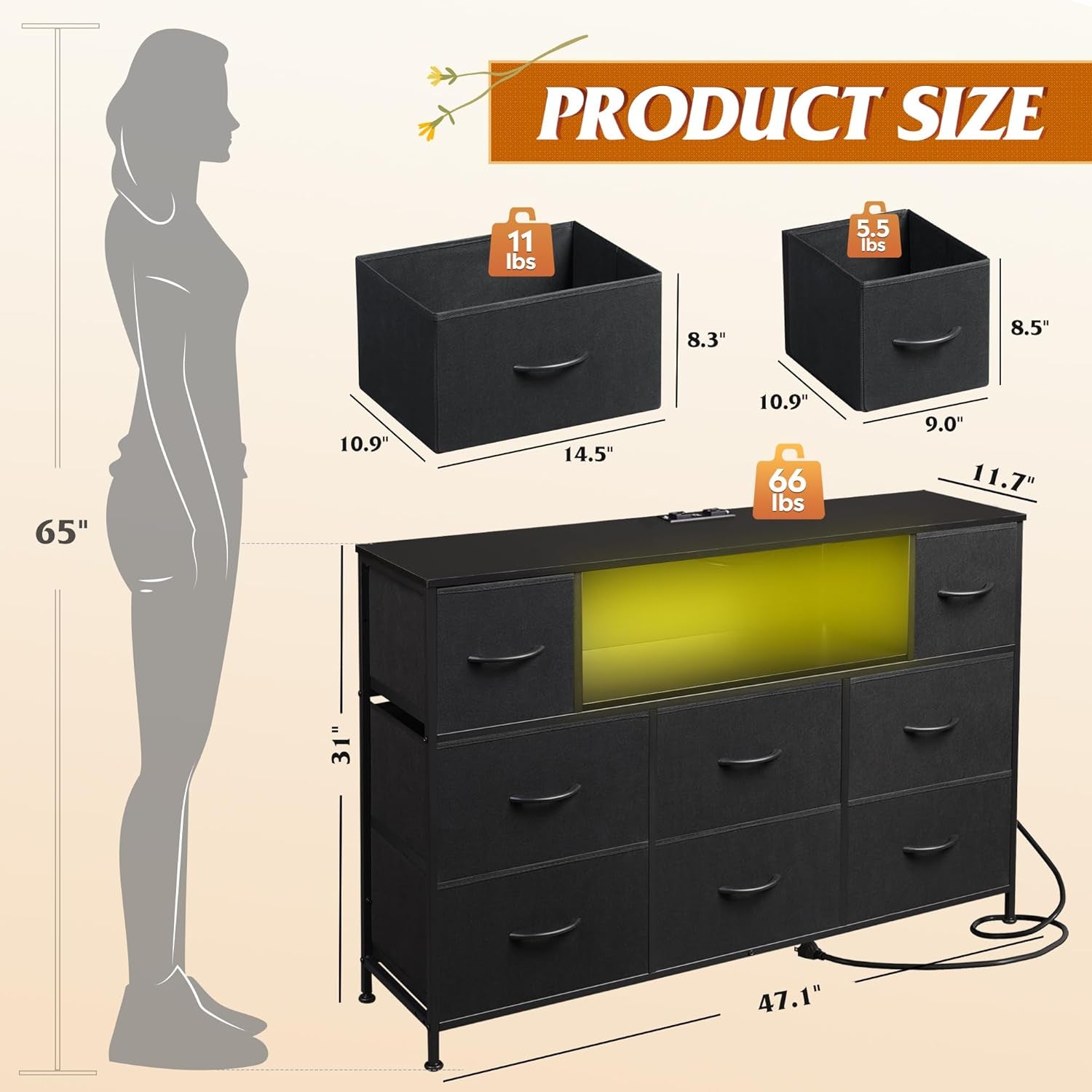 Black TV Stand for 45, 50, 55 Inch TV, Entertainment Center with LED Lights & Charging Station, TV Media Console Table with 8 Fabric Drawers and Open Shelves for Living Room, Hallway, Wood Top