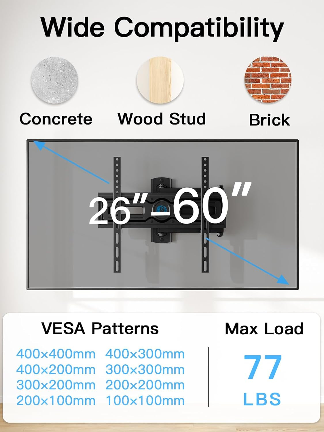Full Motion TV Wall Mount for Most 26-60 Inch Flat & Curved Tvs up to 77 Lbs, Adjustable Bracket Height, Single Articulating Arm, Extension, Max VESA 400X400Mm, PIMF9