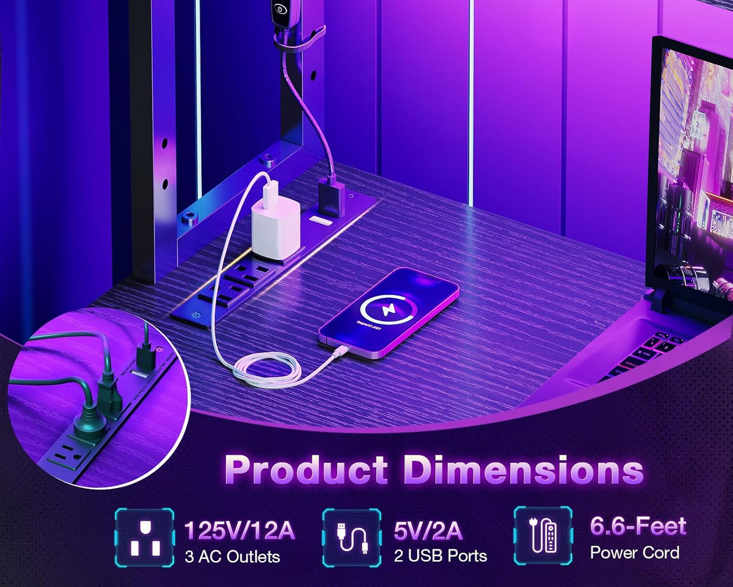 53 Inch L Shaped Desk with LED Lighting, Reversible Gaming Desk with Power Outlets, Cornor Computer Table with Storage Shelves & Bag & Iron Hook, Home Office Table for Writing, Study, Black