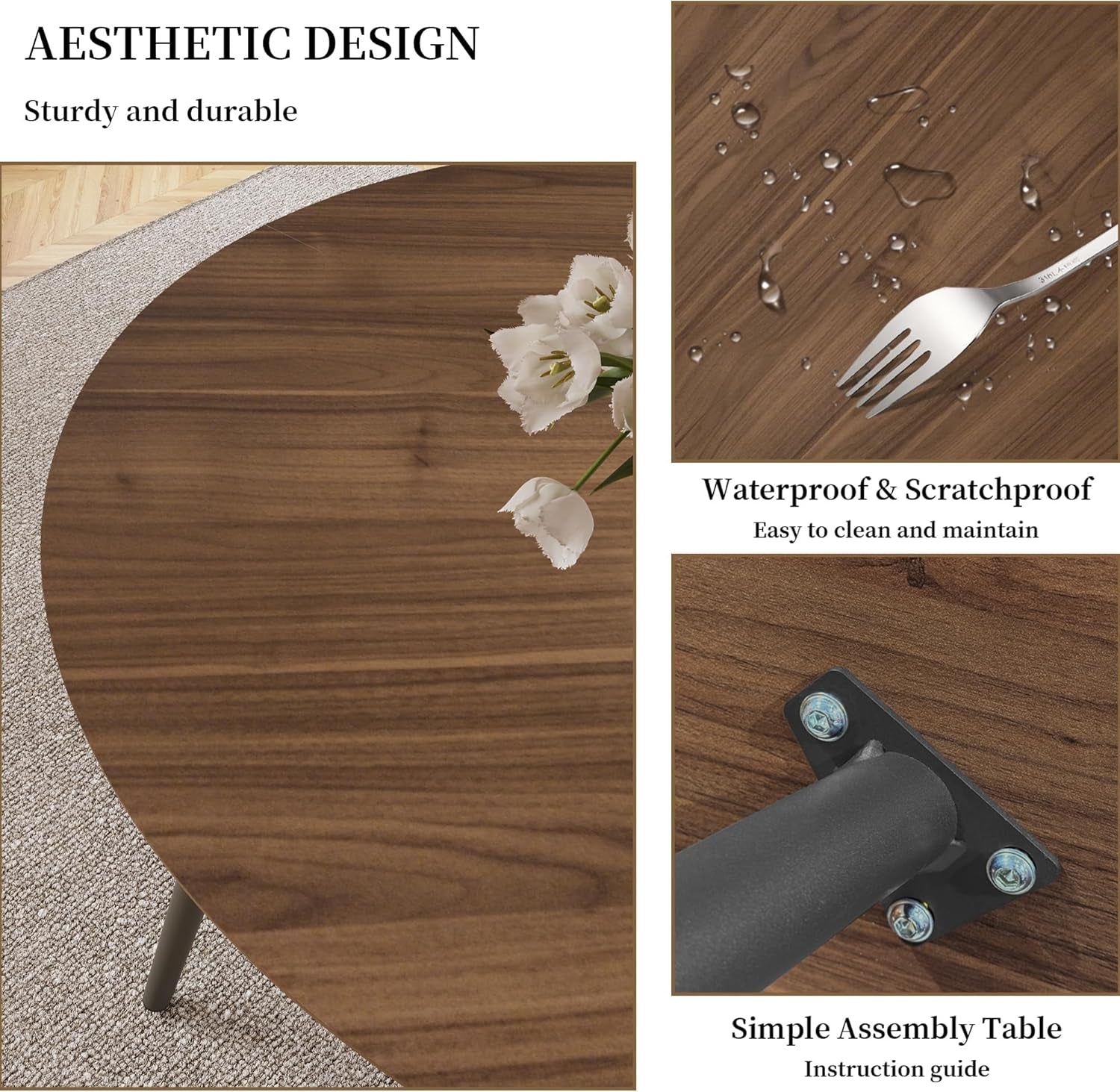 43.3 Inch round Dining Table Set for 4, Modern Small Kitchen Coffee Set for Dining Room Kitchen Apartment (Walnut Table + 4 White Shell Chairs)