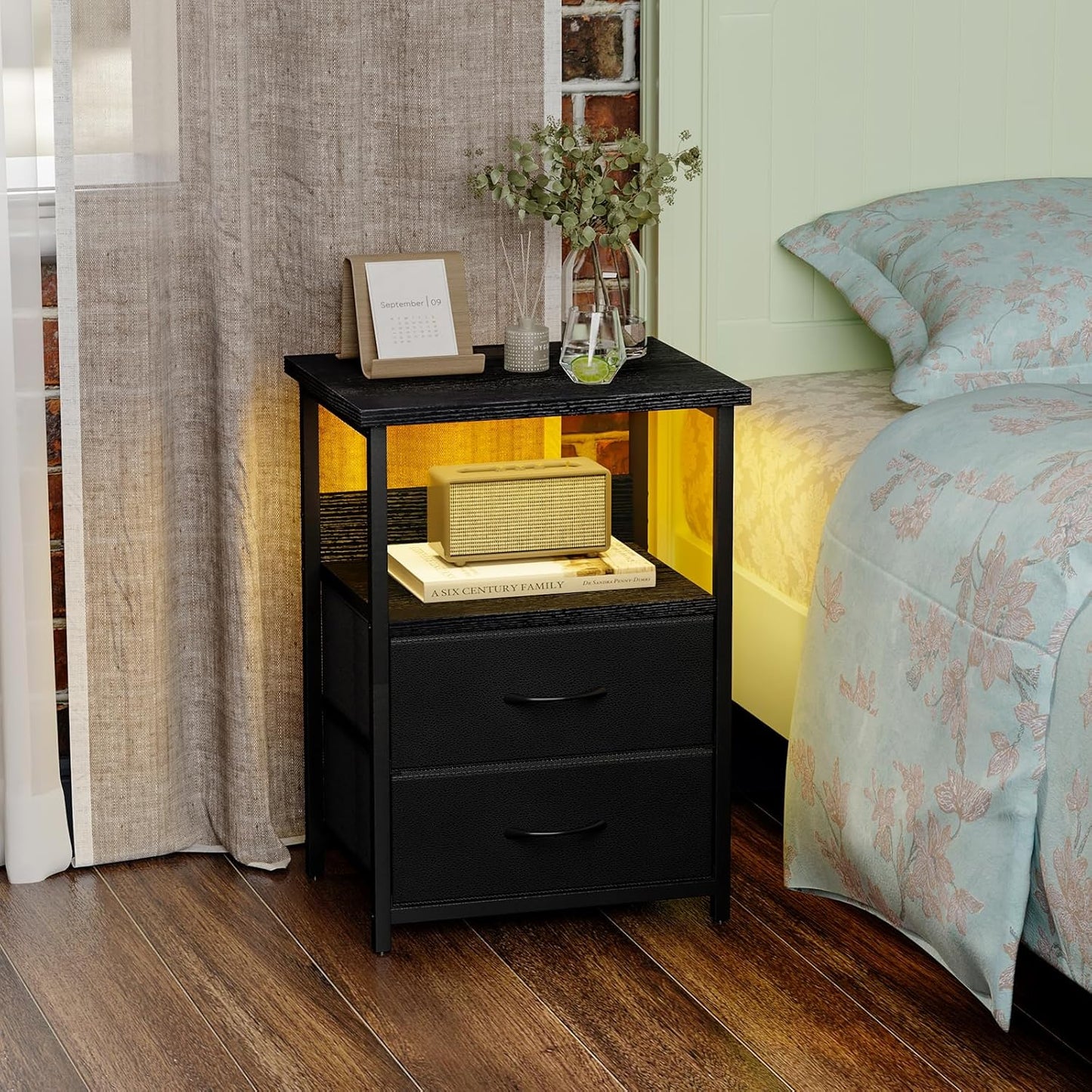 Night Stand with Charging Station, LED Nightstand with U-S-B Ports and Outlets, 2 Fabric Storage Drawers with PU Finish, Small Bedside Table, Black