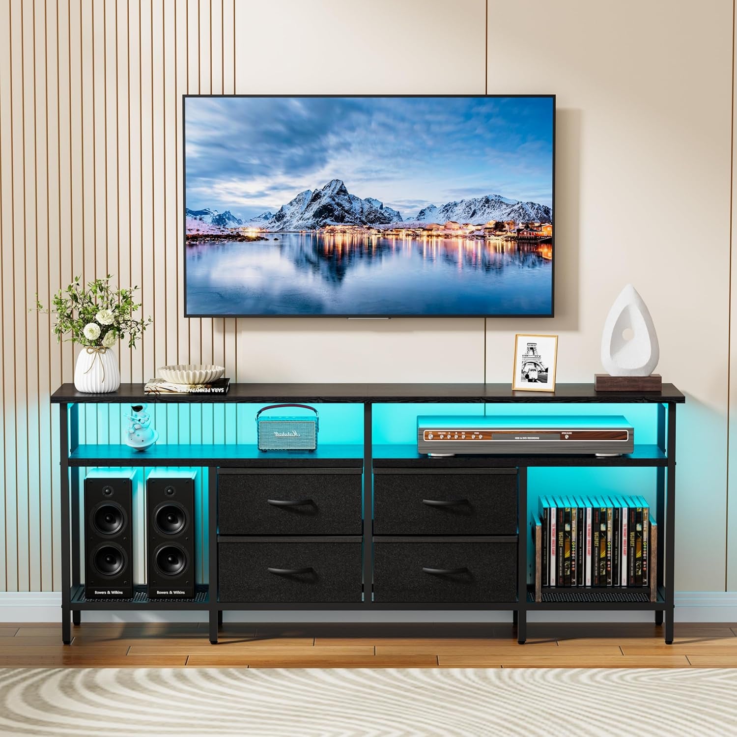 TV Stand for 55/60/65/70 Inch TV, Modern Entertainment Center with LED Lights and Power Outlets, TV Stand with Drawers and Shelves, Media Console with Storage for Living Room Bedroom, Black
