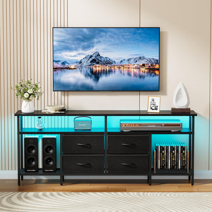TV Stand for 55/60/65/70 Inch TV, Modern Entertainment Center with LED Lights and Power Outlets, TV Stand with Drawers and Shelves, Media Console with Storage for Living Room Bedroom, Black