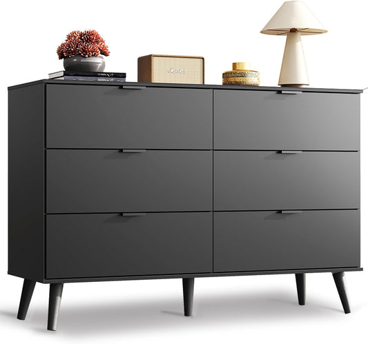 Black Dresser for Bedroom, 47.24'' Wide 6 Drawer Wood Dresser Storage Organizer with Sturdy Metal Handle, TV Stand for 55 Inch TV, Chest of Drawers for Living Room, Hallway, Closet