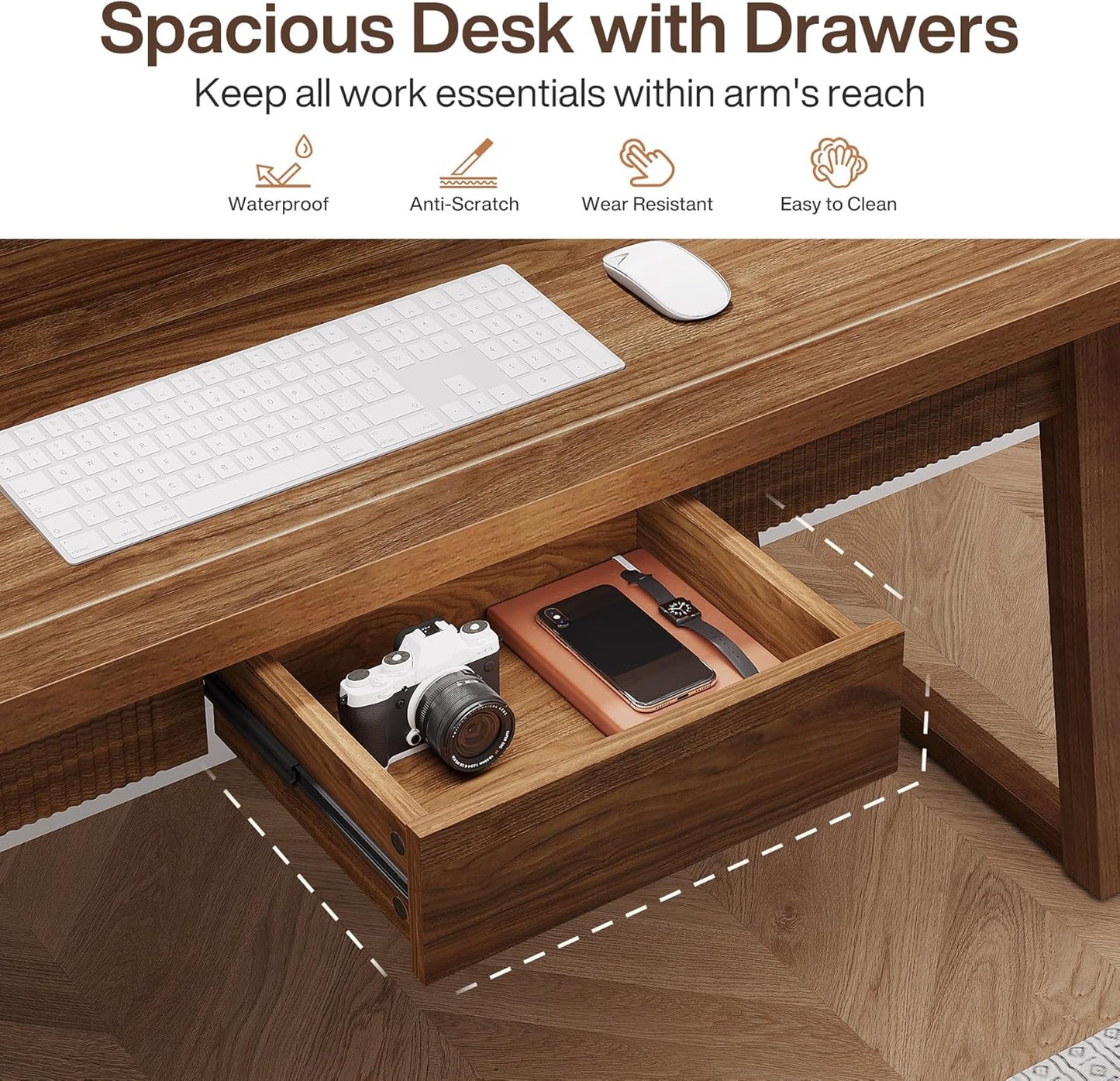Home Office Executive Desk: 55 Inches Wooden Computer Desk with Drawer, Mid-Century Modern Study Writing Table, Rustic PC Laptop Desk Workstation Furniture, Walnut Brown