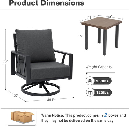 Outdoor Patio Swivel Rocking Chairs Set, Patio Porch Furniture with 6" Thick Cushions, 3 Pieces Outdoor Bistro Set with Coffee Table for Balcony, 350Lbs, Dark Grey