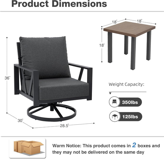 Outdoor Patio Swivel Rocking Chairs Set, Patio Porch Furniture with 6" Thick Cushions, 3 Pieces Outdoor Bistro Set with Coffee Table for Balcony, 350Lbs, Dark Grey