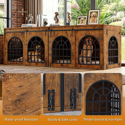 90.2" Double Room Dog Crate Furniture with Sliding Doors– Heavy Duty Wooden Dog Kennel with Hinged Divider, TV Stand & End Table for Large to Medium Dogs, Brown (Brown)