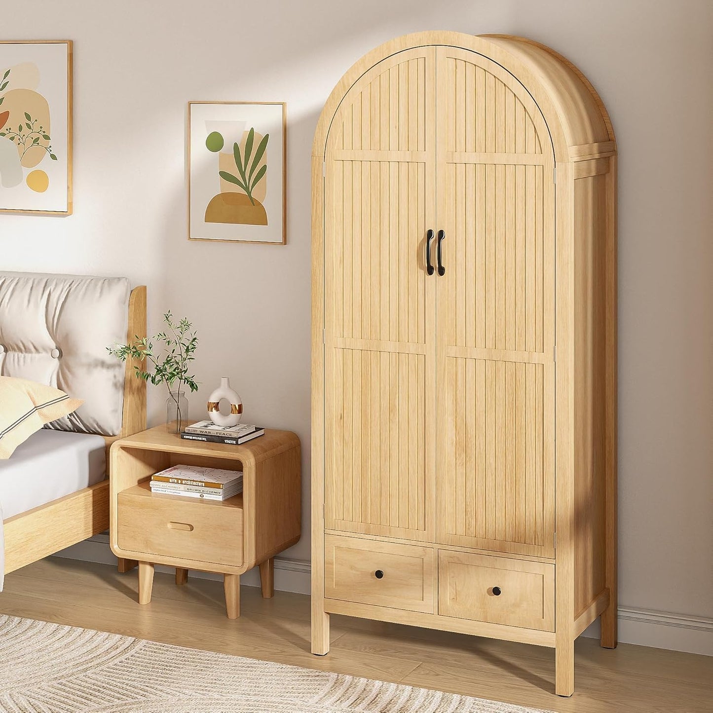 Wardrobe Closet, Armoire Wardrobe Closet with Drawers and 2 Arched Fluted Doors, 70.87‘’ Tall Wooden Bedroom Armoires with Shelves and Hanging Rod (1, Wood Color)