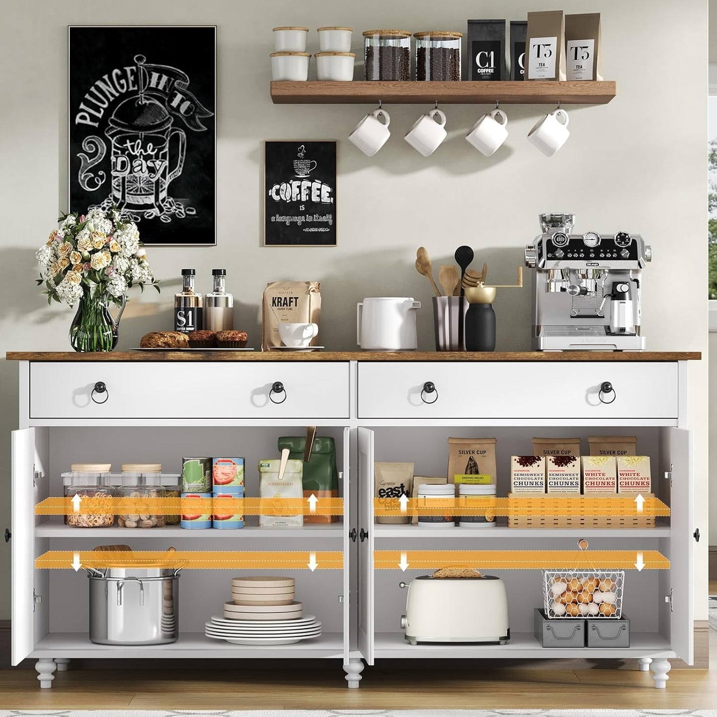 Buffet Cabinet with Storage, 55" Sideboard Buffet Cabinet with 2 Drawers and 4 Doors, Modern Farmhouse Coffee Bar Cabinets, Wood Buffet Table for Kitchen, Dining Room, White