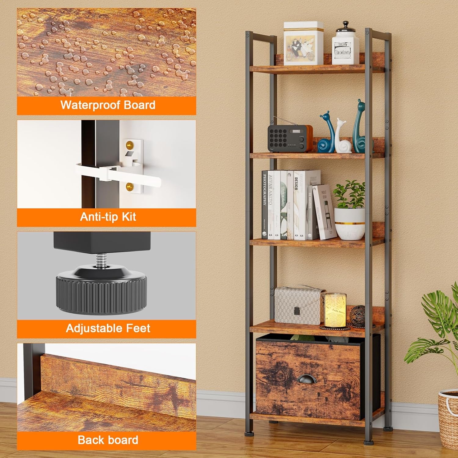 5 Tier Bookshelf with Drawer, Tall Narrow Bookcase with Shelves, Wood and Metal Bookshelves Storage Organizer, Industrial Display Standing Shelf Unit for Bedroom, Living Room, Rustic Brown