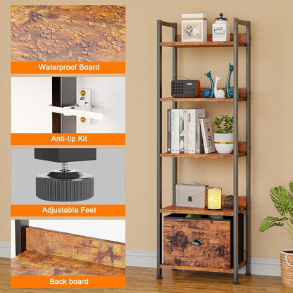 5 Tier Bookshelf with Drawer, Tall Narrow Bookcase with Shelves, Wood and Metal Bookshelves Storage Organizer, Industrial Display Standing Shelf Unit for Bedroom, Living Room, Rustic Brown
