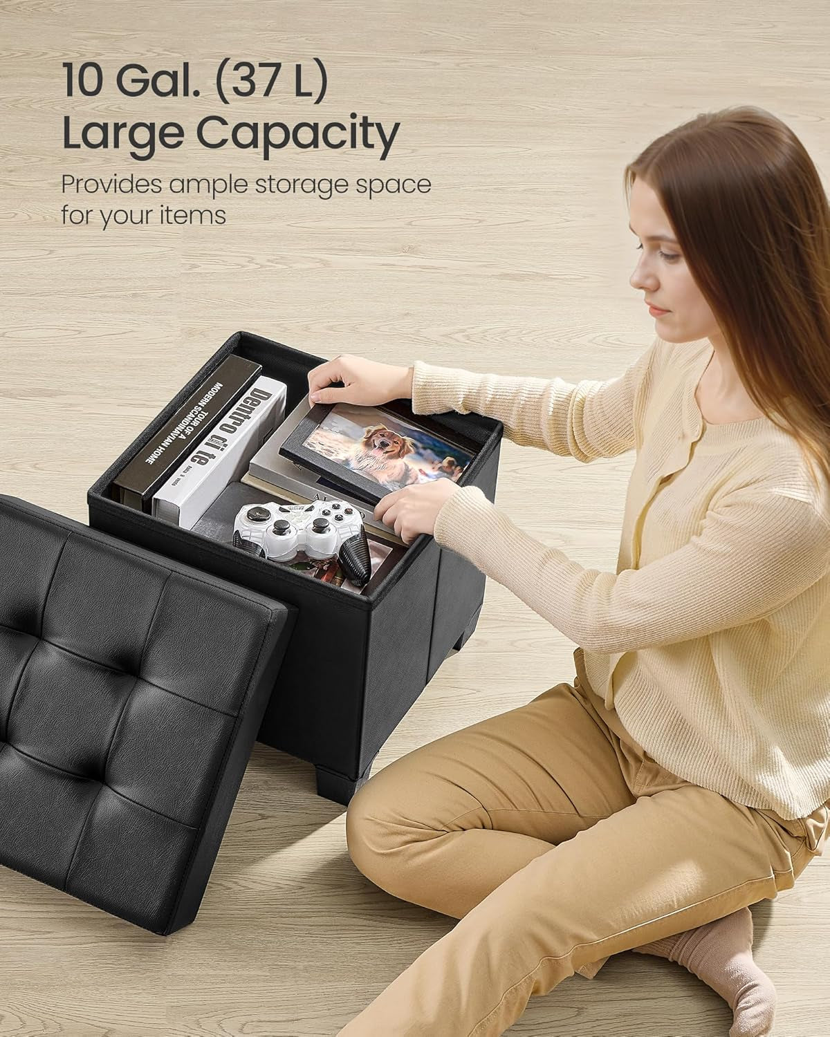 Storage Ottoman, Cube Ottoman with Legs, 15 X 15 X 15.7 Inches, Footstool, Footrest, 10 Gal. (37 L), Synthetic Leather, for Bedroom, Living Room, Dorm, Ink Black ULSF0512B02