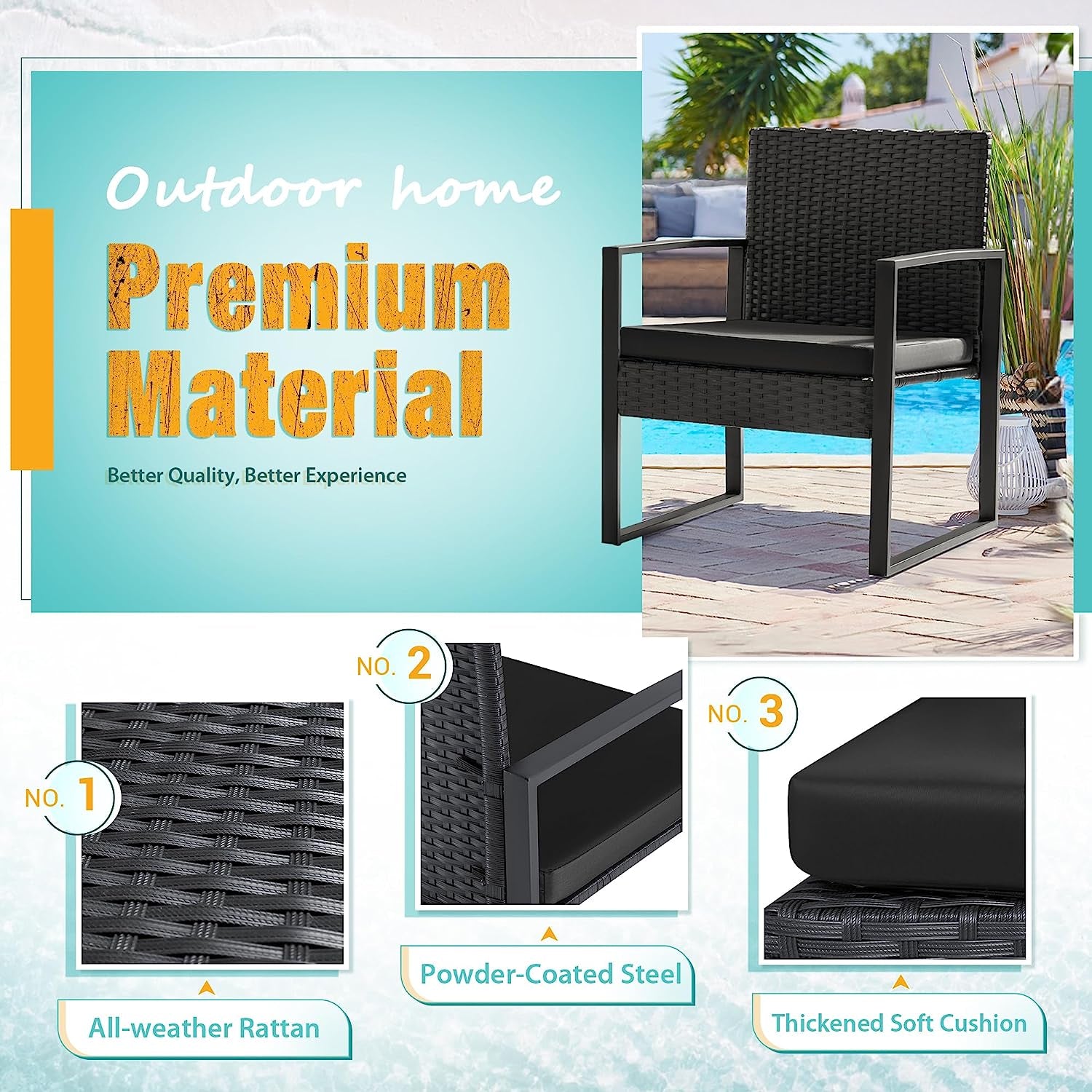 3 Pieces Outdoor Patio Wicker Furniture Set, Modern Rattan Chair Conversation Sets with Coffee Table for Yard and Bistro (Black)