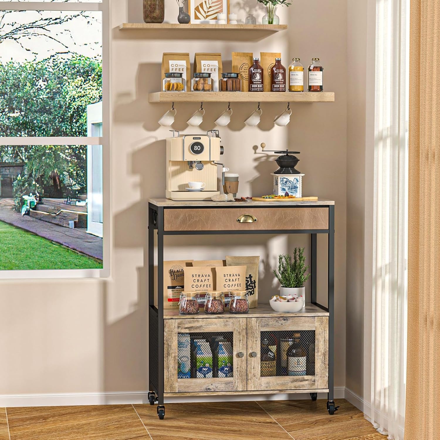 Large Coffee Bar Cabinet，3 Tiers Kitchen Coffee Cart with Drawer for the Home, Movable Farmhouse Station Table on Wheels for Living Room, Entryway, Dining Room, Kitchen