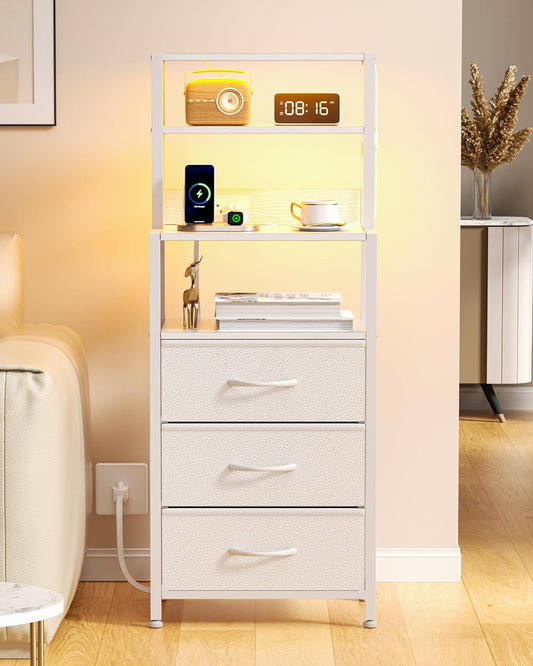 Night Stand, White Bedside Nightstand with 4-Tier Shelves and 3 Fabric Drawers, LED Bed Side Tables with Charging Station, Tall Dresser for Bedroom, Hallway, Office