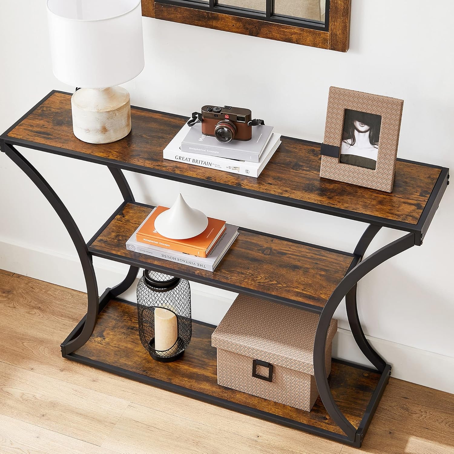 Console Table with Curved Frames and 2 Open Shelves, for Hallway Entryway Living Room, Rustic Brown + Black, 11.8 X 47.2 X 31.5 Inches