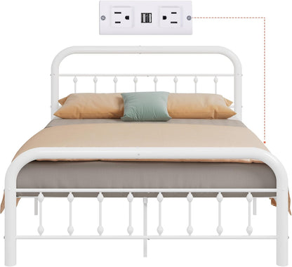 Bed Frame King Size, King Size Bed Frame and Headboard, King Bed Frames with LED Lights and Charging Station,No Box Spring Required,Easy Assembly,White