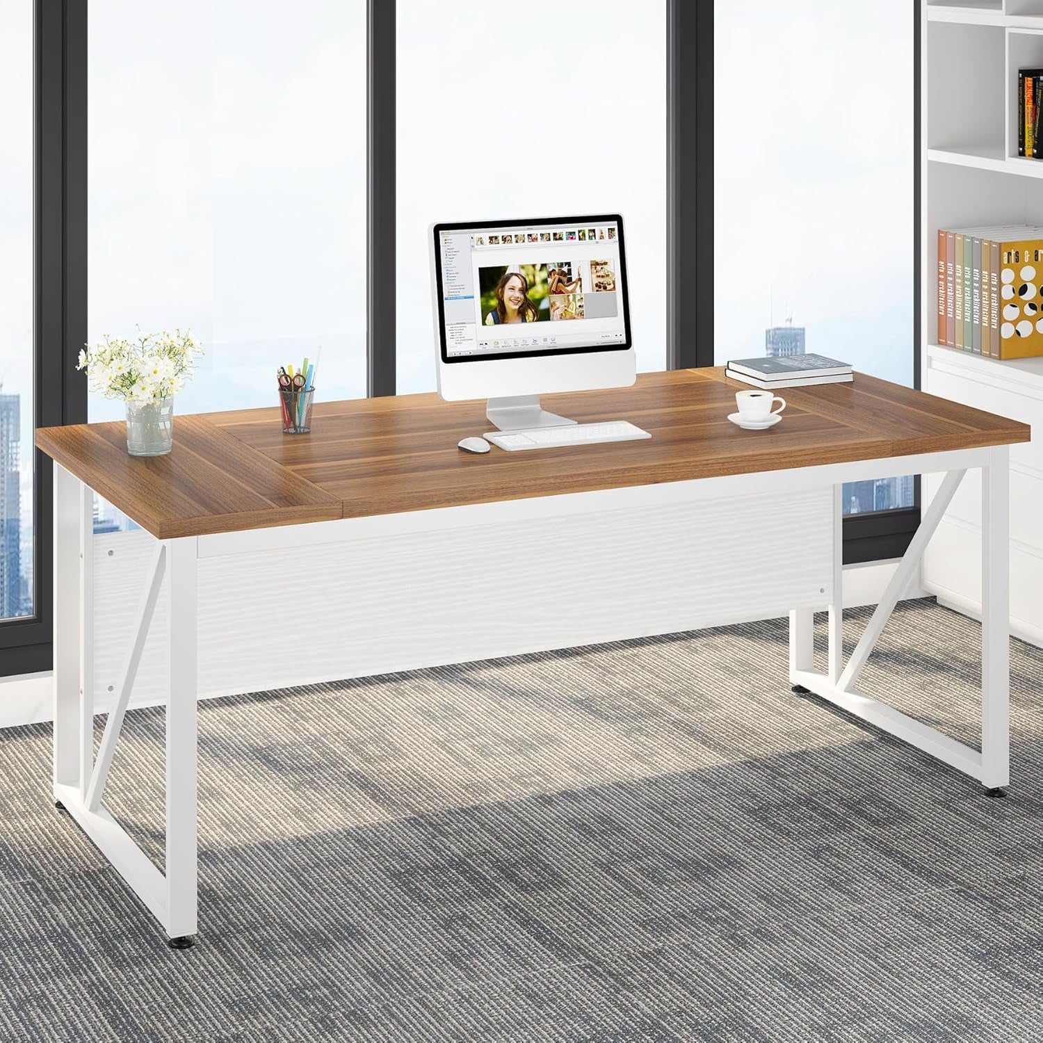 63-Inch Executive Computer Desk with 47-Inch Lateral File Cabinet, Large Workstation Business Furniture, L Shaped Desk with Drawers and Storage Shelves for Home Office, Walnut & White